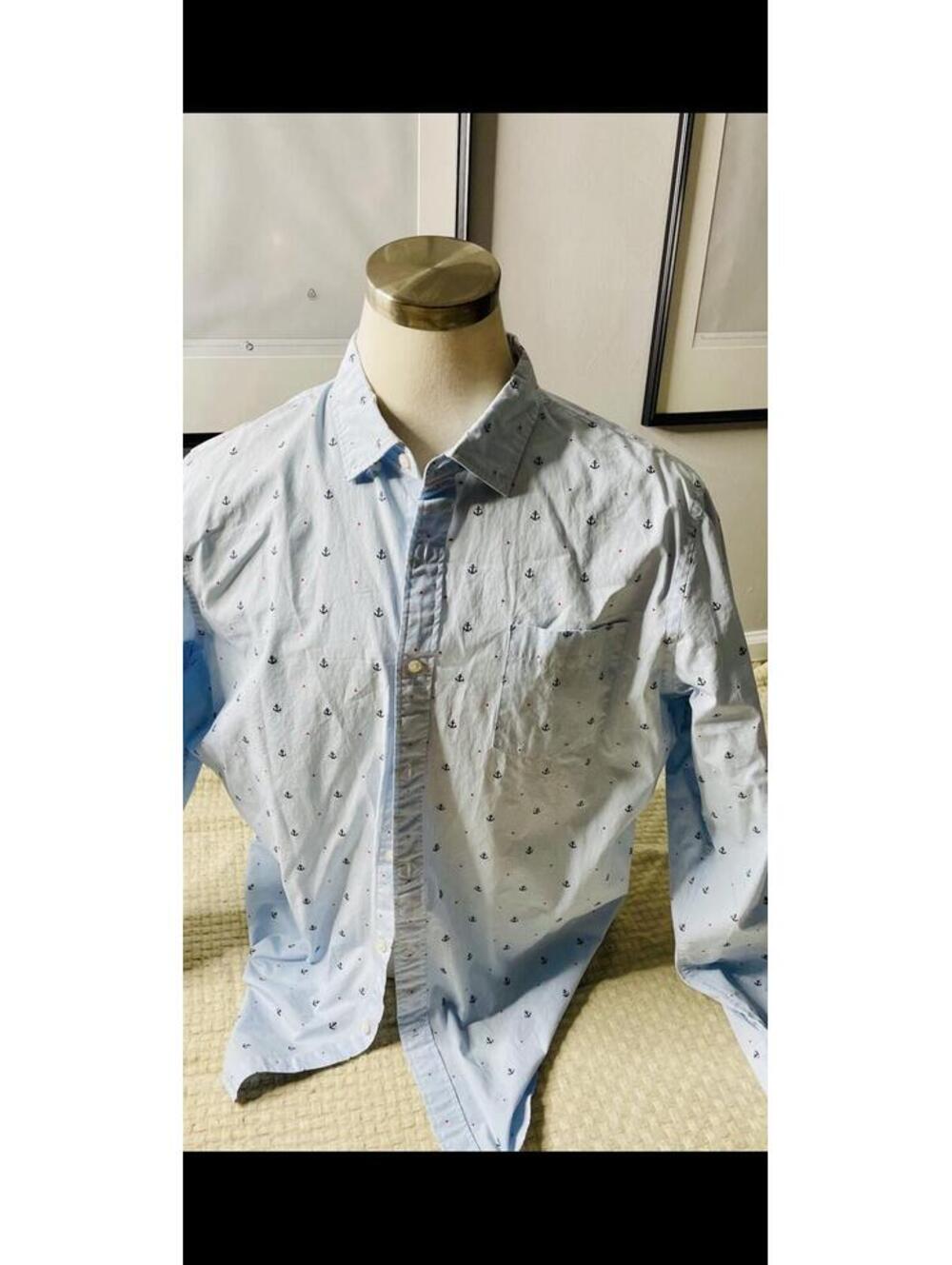 Goodthreads Men Blue Button Down W/ White Collar & Colorful Bees Embroidery